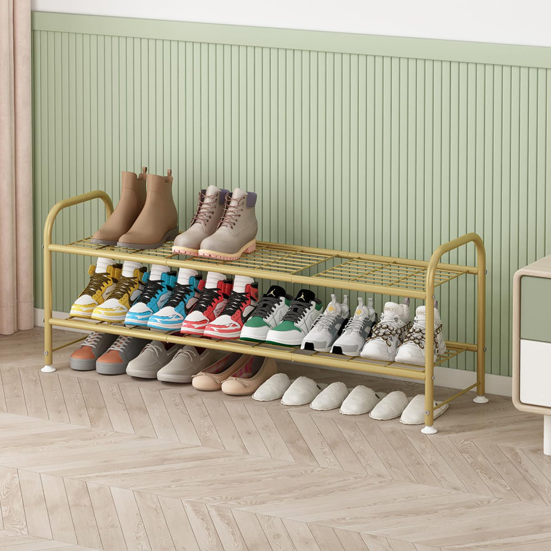 2 Tier Shoe Rack Made of Metal, Exquisitely Designed for Closets and Entryways, Gold