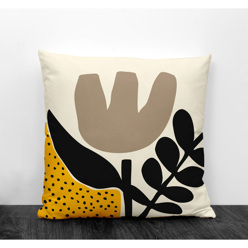 Coussin intérieur / extérieur en polyester filé Miso, 15 po x 15 po, Jaune / blanc cassé / beige / noir