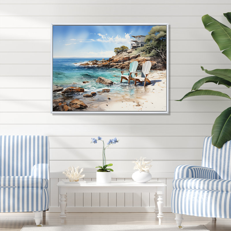Beach Seaside Reflections Pointillism III - Décoration murale nautique et plage, 12" H x 20" W, Cadre flottant blanc