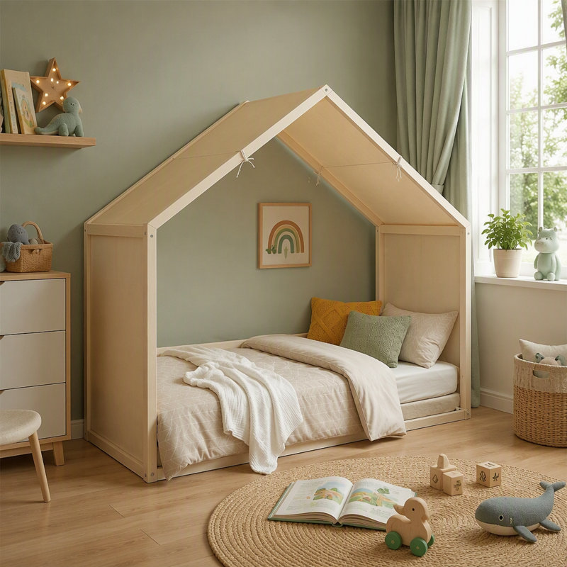 Structure de lit à baldaquin simple blanc antique, panneaux latéraux rembourrés de velours doux avec dessus à baldaquin en lin respirant, lit minimaliste moderne, assemblage facile pour la chambre d'amis