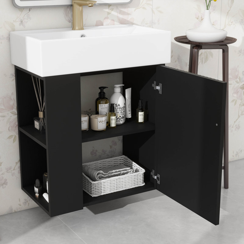 Meuble-lavabo mural 21,6 pouces avec évier et rangement ouvert à gauche, Black
