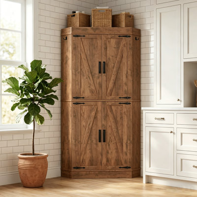 71" Brown Corner Pantry | Farmhouse Style, 4-Door Kitchen Storage