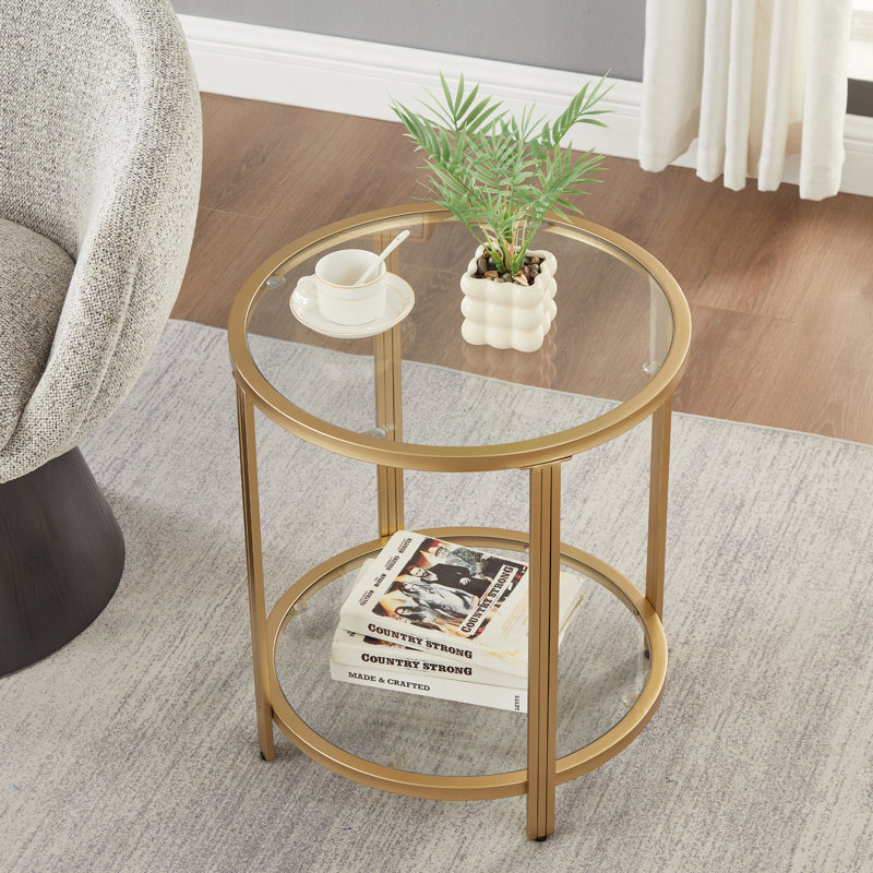 Table de bout ronde 19,7 po à 2 niveaux en verre trempé avec cadre en métal architectural doré, Or