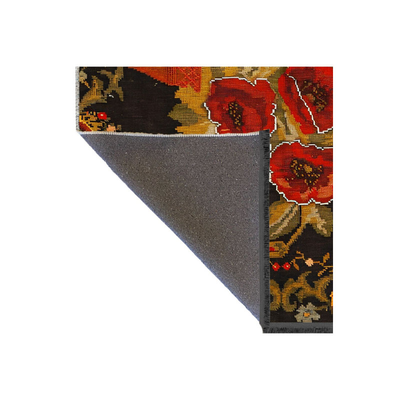 Tapis décoratif moderne à motif floral noir et rose, Tapis de couloir 3 pi 3 po x 9 pi 10 po