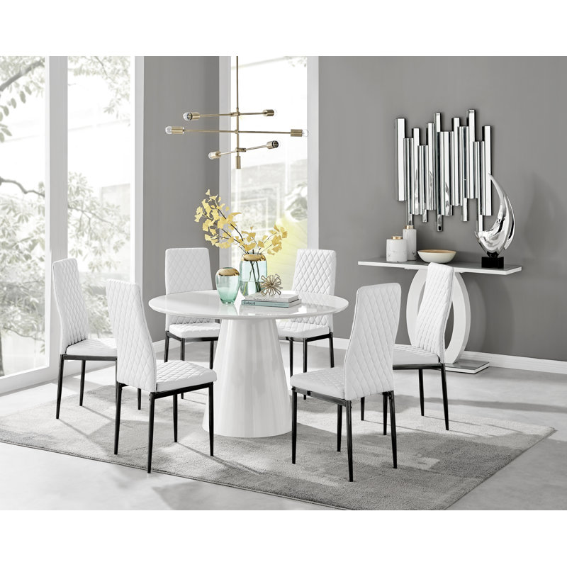 Edward Statement Pedestal Dining Table Set with 6 Luxury Faux Leather Upholstered Dining Chairs, White, White/Black