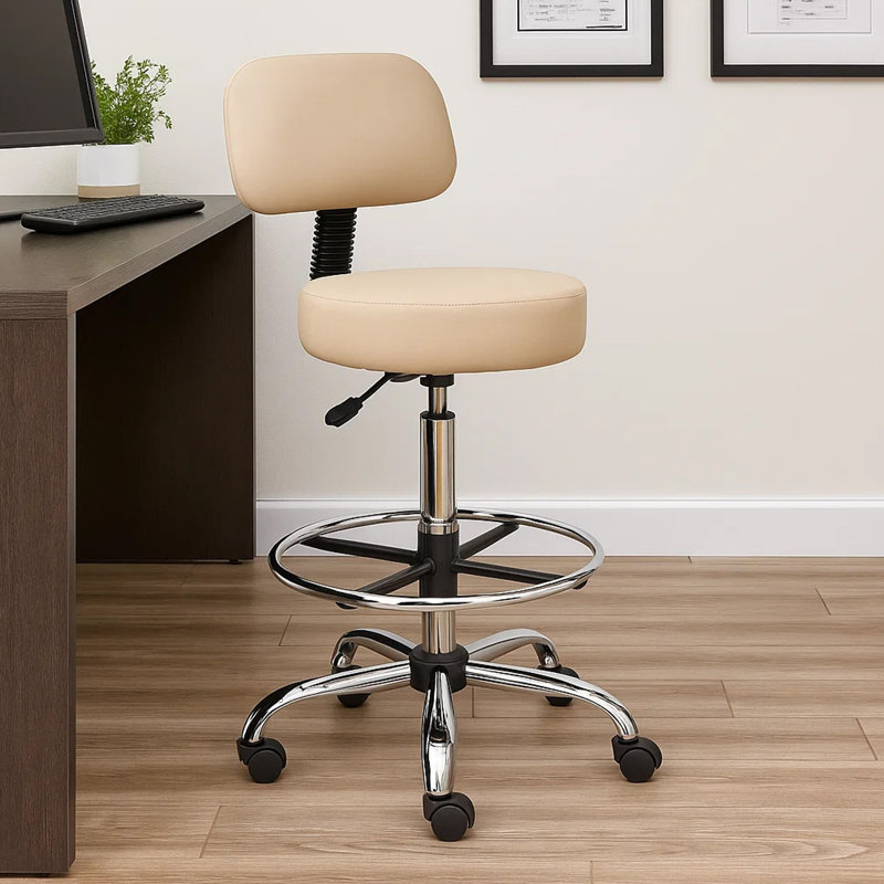 Fea Medical Drafting Stool, Beige Vinyl, Low Back And Padded Seat, Chrome, Beige