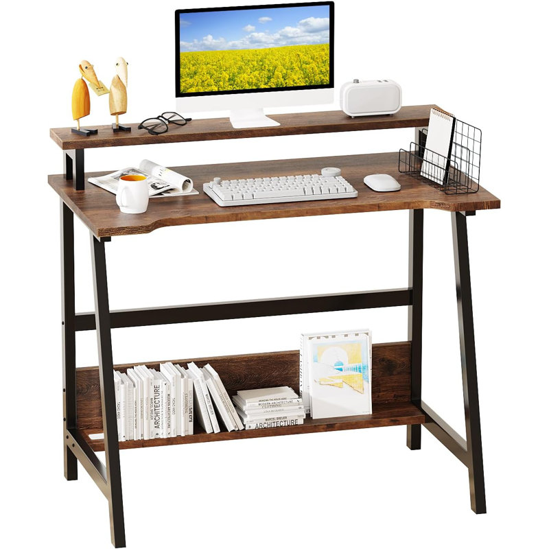 31.5" Computer Desk for Small Spaces, Modern Home Office Desk with Storage Shelf and Monitor Stand, Brown