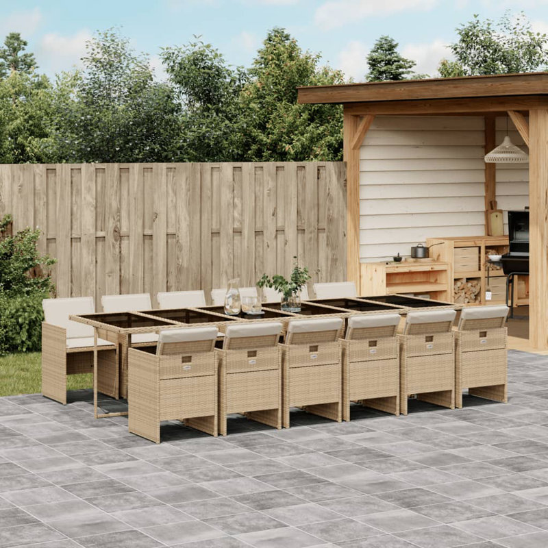  Ensemble de salle à manger de patio pour 12 pièces en rotin PE beige, Blanc, crème, Beige