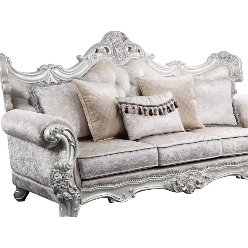 Splendide traditionnel avec brosse argent champagne, 3, structure en bois, revêtement en chenille, coussins fabuleux, bois, coussins décoratifs