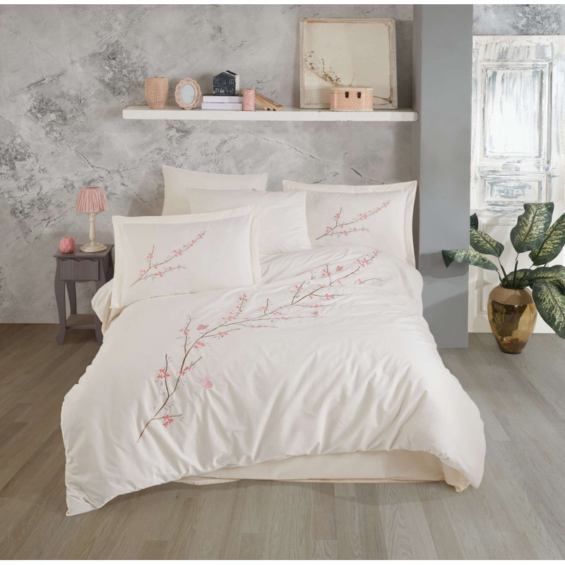 Luxury Embroidered Poplin Double Quilt Cover Set, Cream | 100% Cotton, Duvet Cover: 78.7 x 86.6 inches, Flat Sheet: 94.5 x 102.4 inches, Pillowcases: 19.7 x 27.6 inches (2 Pieces) | Machine Washable, Elegant Design with Button Closure