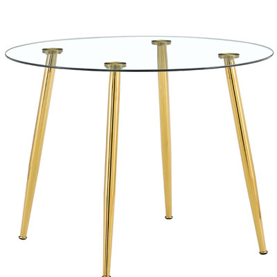 Table moderne en verre de style moderne minimaliste de 40 pouces avec pieds en métal doré pour 4 à 6 convives et pieds dorés