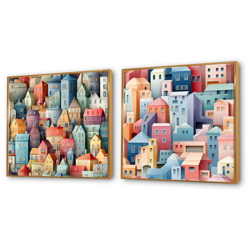 Bâtiments urbains aux couleurs pastel douces III - ensemble de 2 collages carrés abstraits, Cadre flottant doré