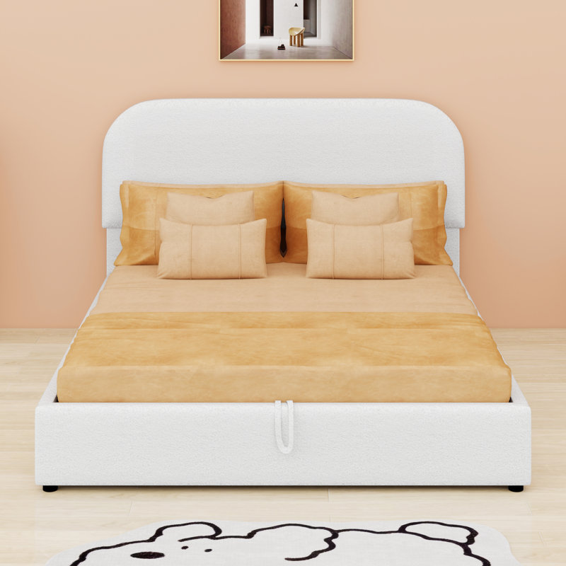 Lit plateforme tapissier avec système de rangement hydraulique Teddy, Lit double, Blanc