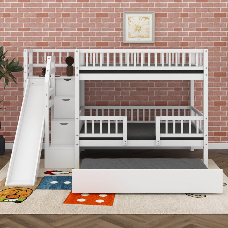 Lit superposé en bois avec toboggan, lit gigogne et escalier de rangement pour enfants, adolescents, adultes, White