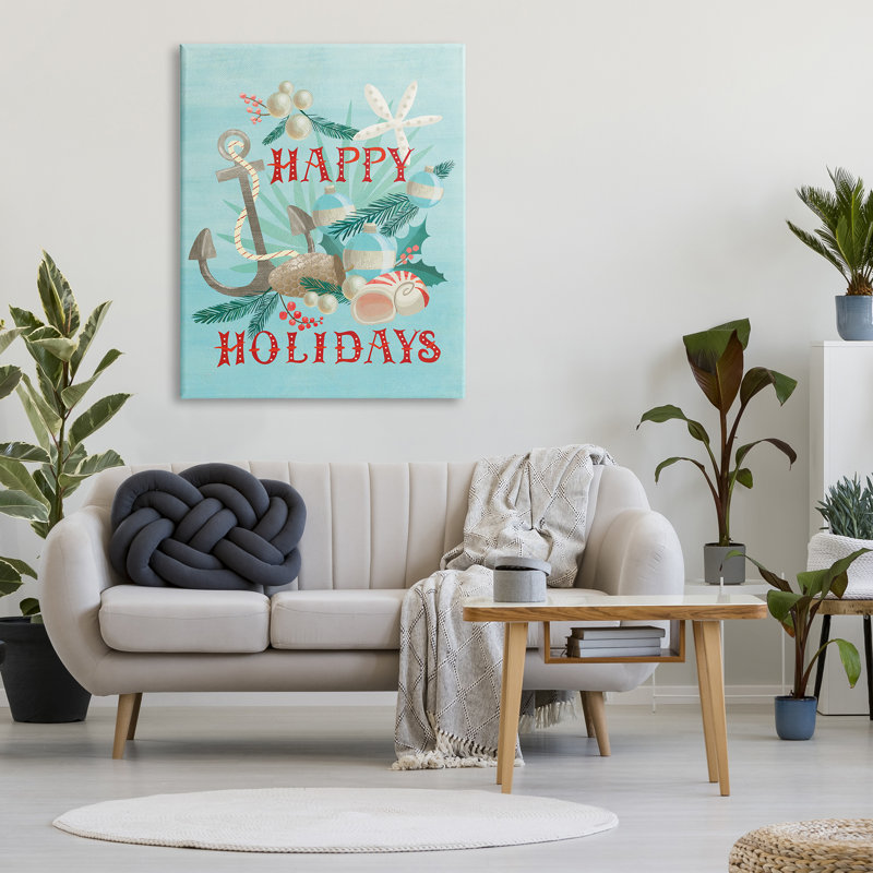 «Happy Holidays», «Nautical Expression Beach Anchor Seashells» par Laura Watson - impression sur toile, H 48 po x l 36 po