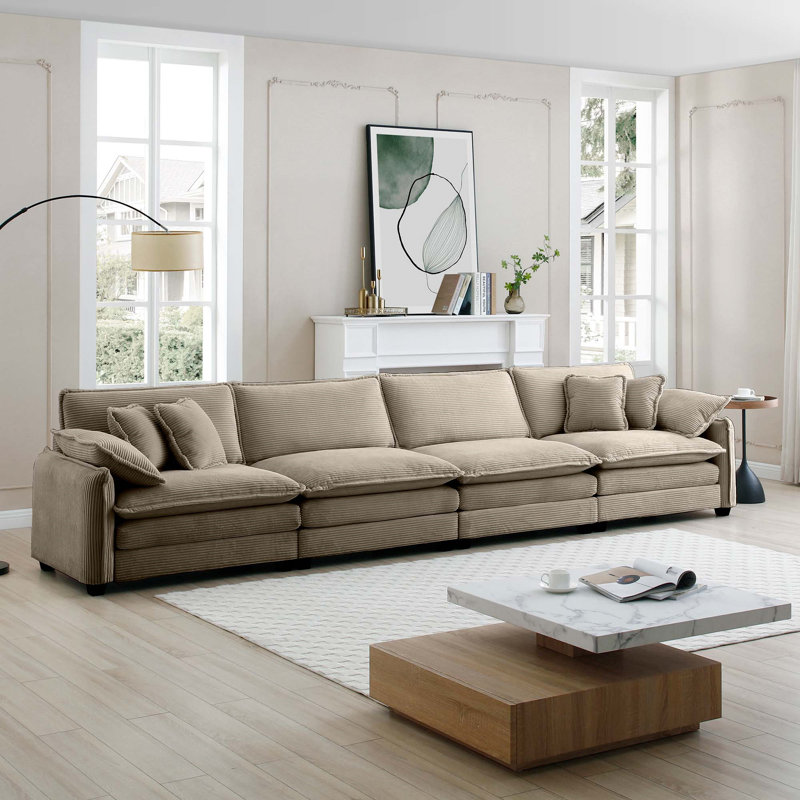 Canapé Bequette, H 34 po x l 150 po x P 34,5 po, 4, Velours côtelé vert