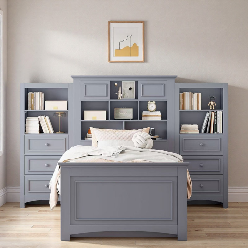 Lit plateforme en bois avec tiroirs et compartiments de rangement, Gris
