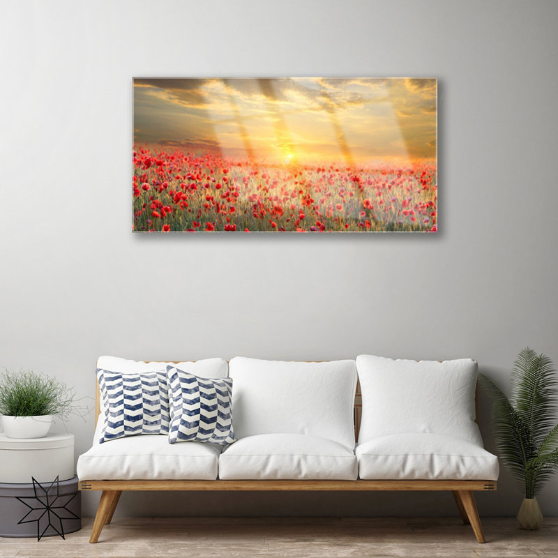 Nature Sun Meadow Poppy Flowers 1 Piece Wall Art on Glass