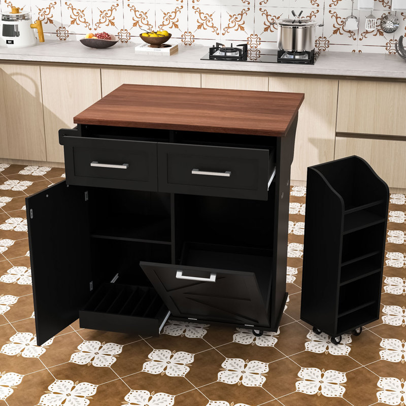 Rolling Kitchen Island with Drop Leaf, Tilt Trash Cabinet, Adjustable Shelves and Removable Side Rack, Black