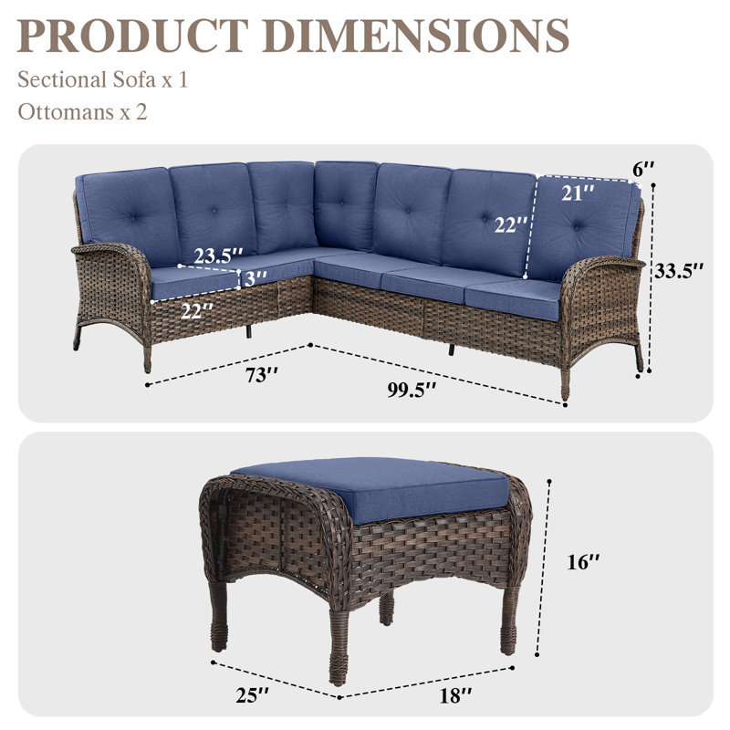 Serita Trym 100" Wide Outdoor PE Wicker Patio Sectional With Cushions With Ottomans, Blue