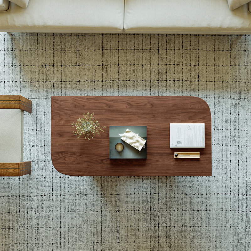 Table basse de 47,2 po en forme d'éventail avec tablette de rangement inférieure, finition grain de bois de noyer, table de salon moderne de style Mid-Century, mobilier d'appoint de style campagnard pour les grands espaces, assemblage facile