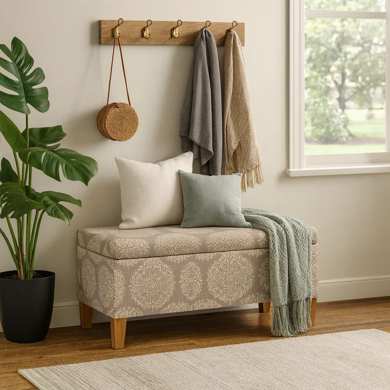 Banc de rangement avec repose-pieds Ben, médaillon brun clair, 36 po