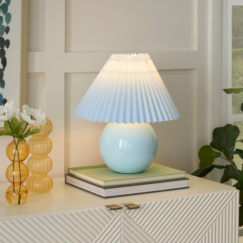13" Light Blue Ceramic Round Lamp with Pleated Shade