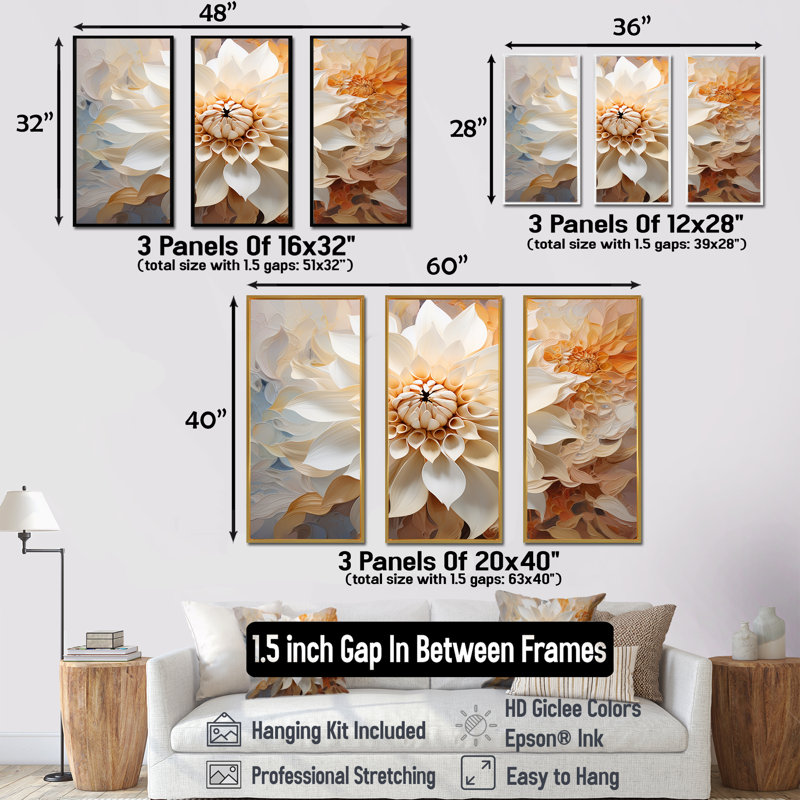 «White Dahlia Flower Minimalisme» - ensemble d'art mural sur toile Dahlia, Cadre flottant doré, H 32 po x l 48 po x P 1 po