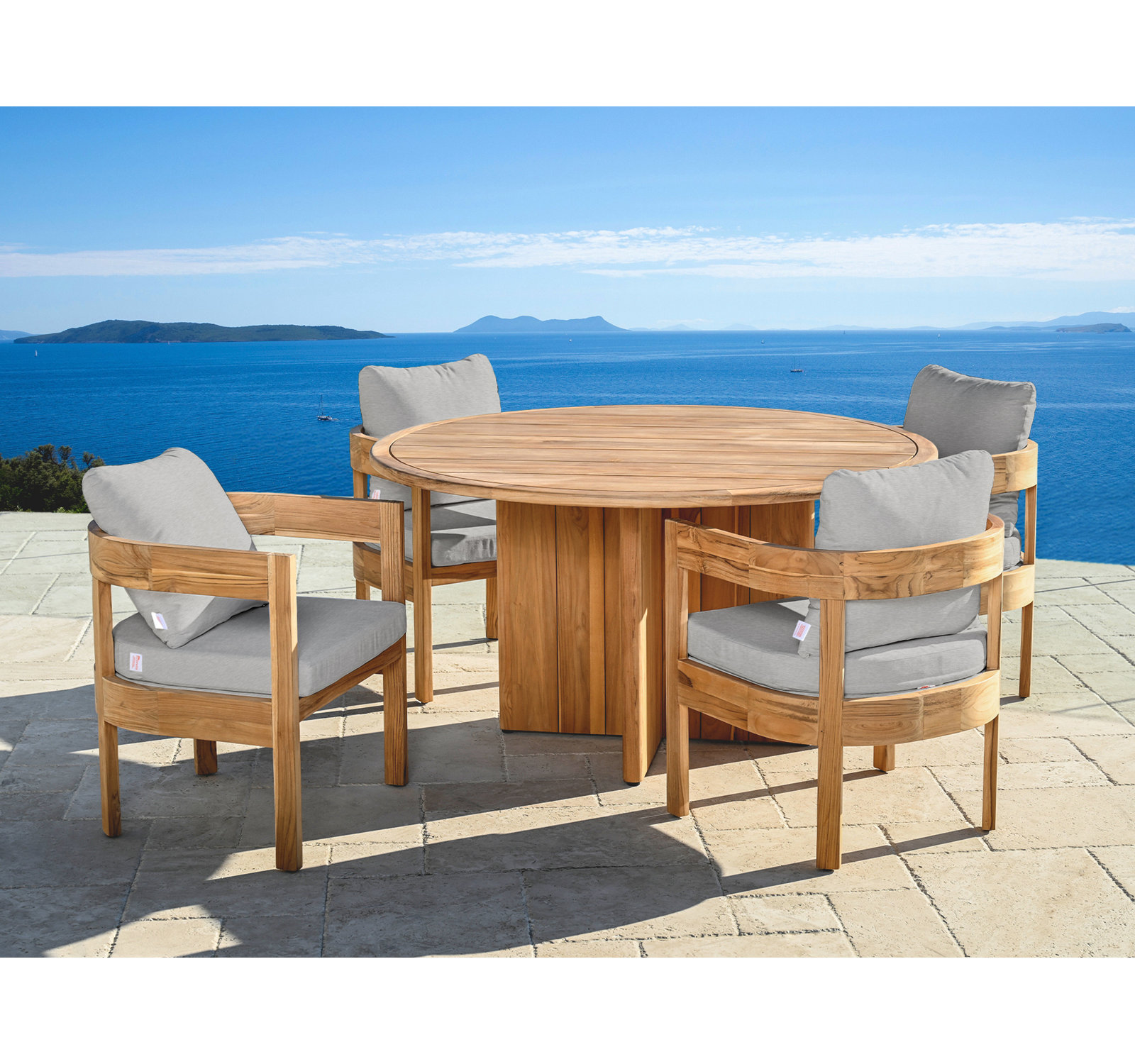 Everlee Outdoor 5pc Round Dining Set, Sunbrella Canvas Granite & Natural FSC Teak, Gray