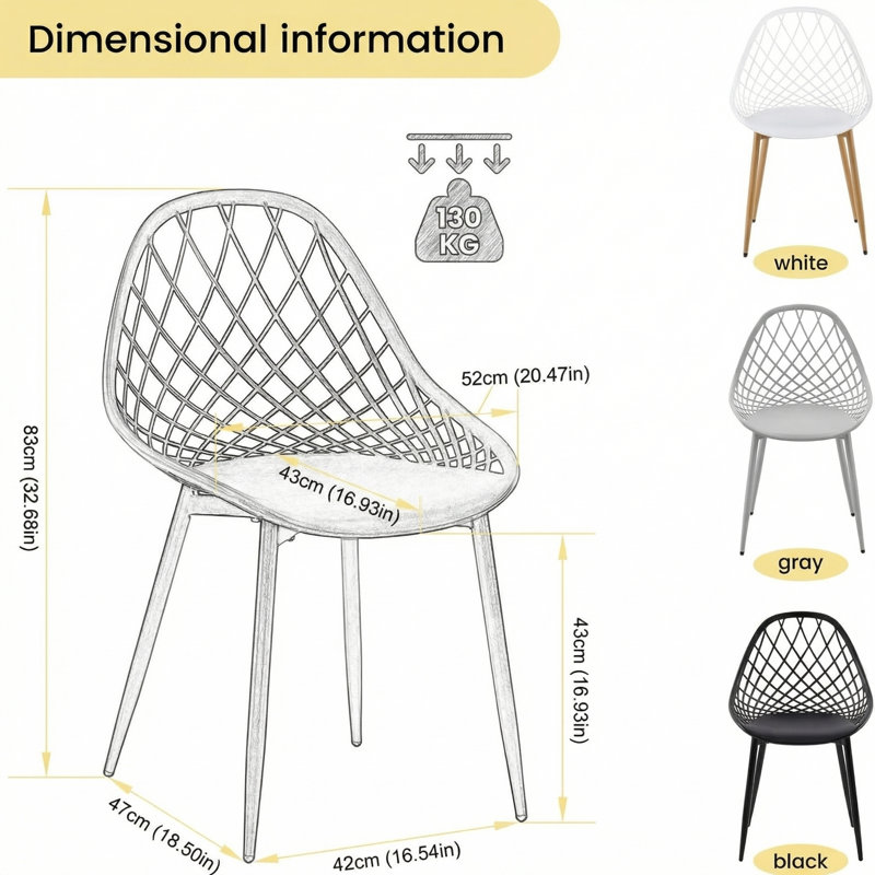 Dining Chair Plastic Seat with Sturdy Metal Legs, White/Natural