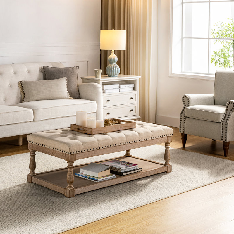 Clymer Farmhouse 47.5"W Tufted Solid Wood Rectangle Cocktail Ottoman with Storage Tray, Beige Performance Linen