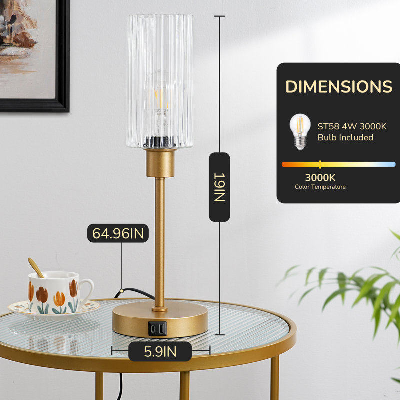 Dimmable Glass Table Lamp with Touch Control and USB Ports, Gold