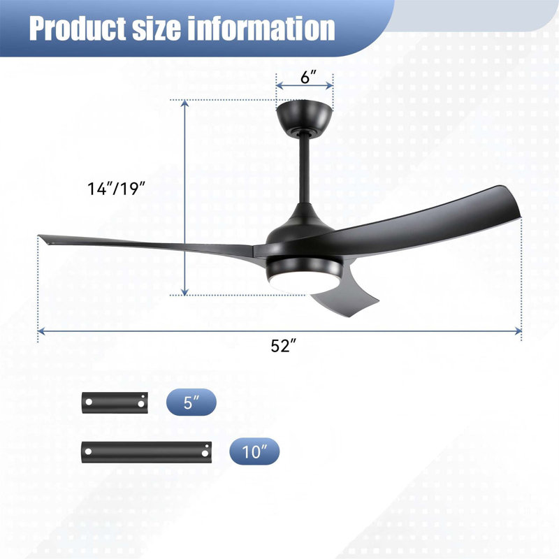 52 Inch Modern Black Ceiling Fan With 18W LED Light And Remote Control 3 ABS Blades DC Motor For Bedroom Living Roon, Black