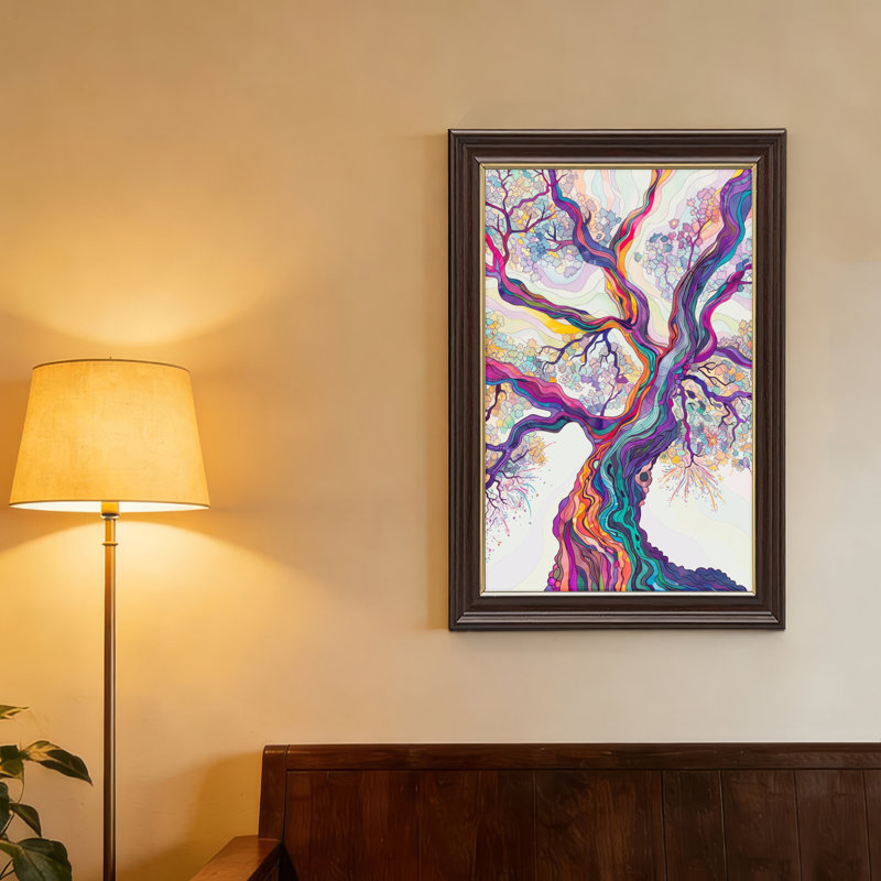 Art mural antique sur toile encadré doré pour le salon, la chambre à coucher, le bureau ou le vestibule - décoration murale décorative avec arbre coloré