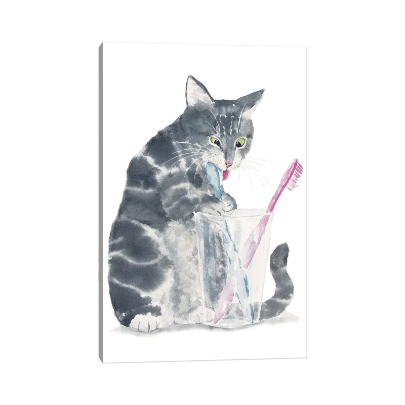 Gray Tabby Cat Brushing Teeth 1 Piece Wrapped Canvas Wall Art, 101.6 cm H x 66.04 cm W x 1.91 cm D