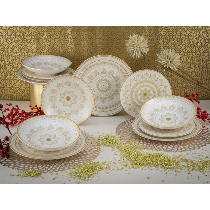 MANDALA GOLD 12 Piece Dinnerware Set, Service for 4