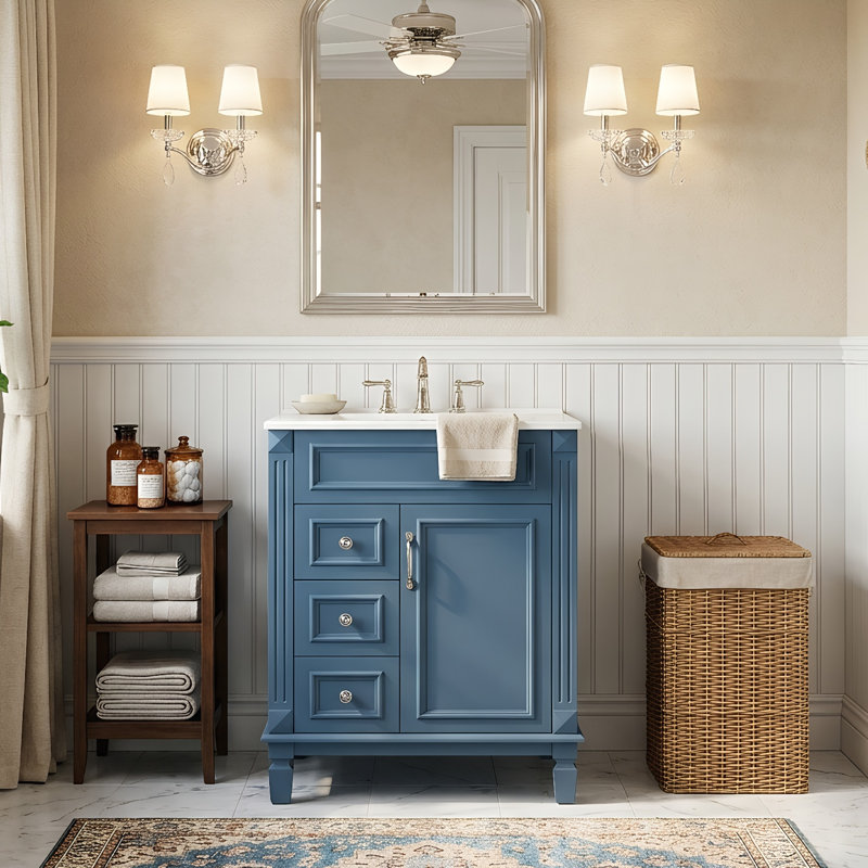 Meuble-lavabo moderne 24 po avec lavabo en céramique, armoire en bois massif avec 2 tiroirs et tablette (noir / blanc / vert / bleu)