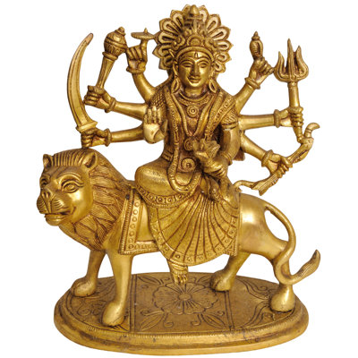 Statue de Durga en laiton faite à la main 7 "- Huit protecteurs divins armés sur lion - Autel de maison spirituelle indou - Art sacré indien