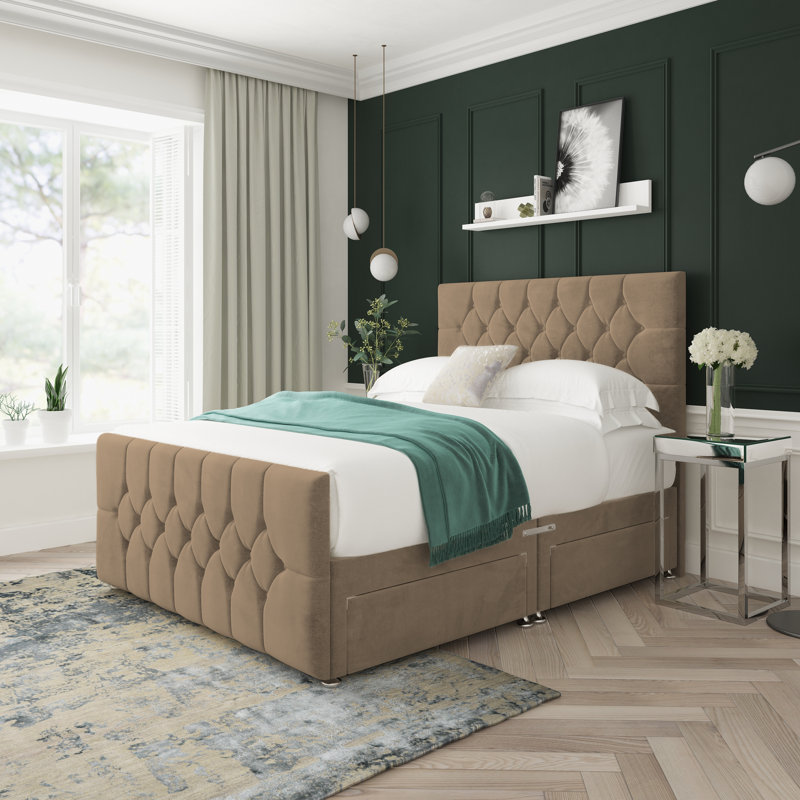 Upholstered Divan Bed, Small Double (4'), 4 Drawers, Mink