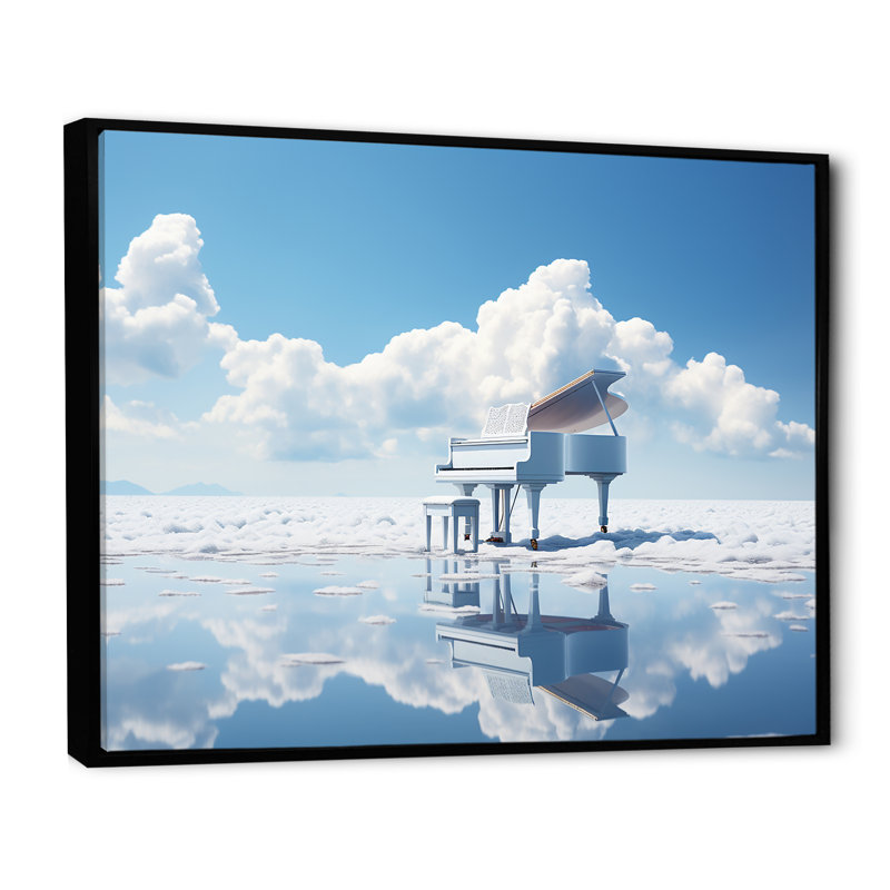Piano flottant dans un nuage, photo I, Cadre flottant noir, H 16 po x l 32 po x P 1 po