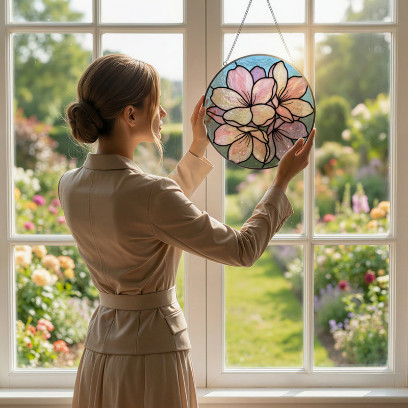 Vitrail de vitrail à motif floral H 7,8 po, 7.8" H x 7.8" W