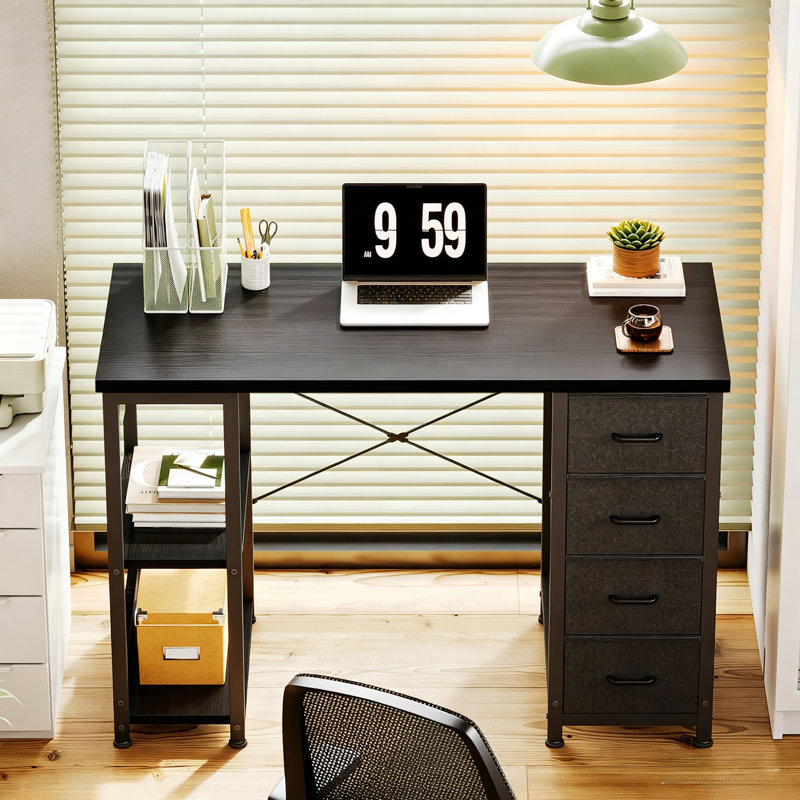 Home Office Desk with 4 Fabric Drawers,Writing Desk with Spacious Storage Shelves, Corner Desk for Small Spaces,Black, Black