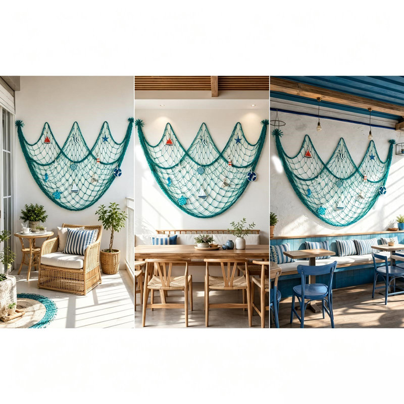 Filet de pêche décoratif en tissu avec cordon, motif marin, à suspendre au mur. Filet de pêche décoratif en corde de coton.