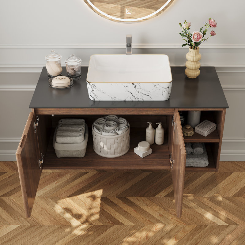 36 " Modern Floating Bathroom Vanity With White Rectangle Sink, Wall-mounted Storage Cabinet With 1 Cabinet And 2 Open Compartments, Black Faux Marble Table Top