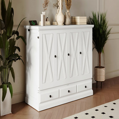 Farmhouse Style Solid Pine Wood Murphy Bed Chest Cube Cabinet Bed With Charging Station And Large Storage Drawer For Home Office Or Small Room,Full,White