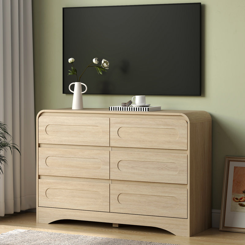 Commode pour chambre à coucher, commode de ferme de 47 po avec rangement, commode à 6 tiroirs, conception à bord courbé, commode de style maison de campagne pour chambre à coucher, salon ou couloir
