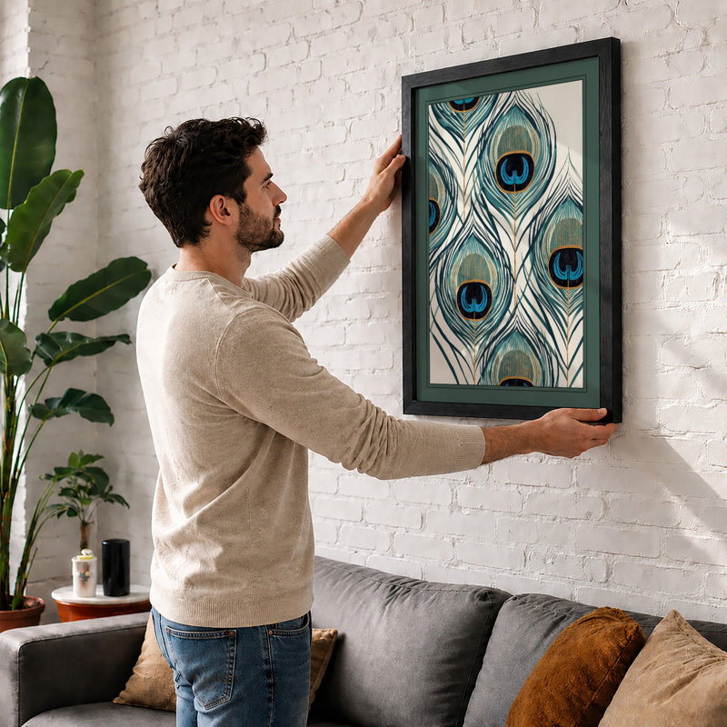 Peacock Feathers Geometric - Framed Print, A3 - 42.0 x 29.7 cm, Black