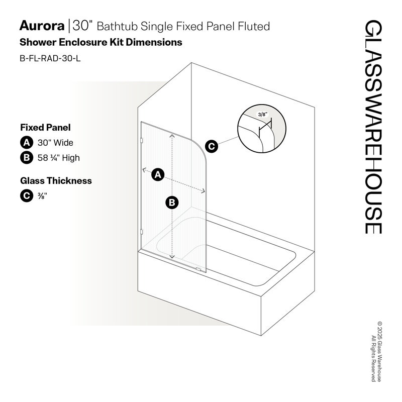 Aurora 34 in. x 58.25 in. Frameless Fluted Radius Single Fixed Bath Panel, Right, Matte Black, 30"