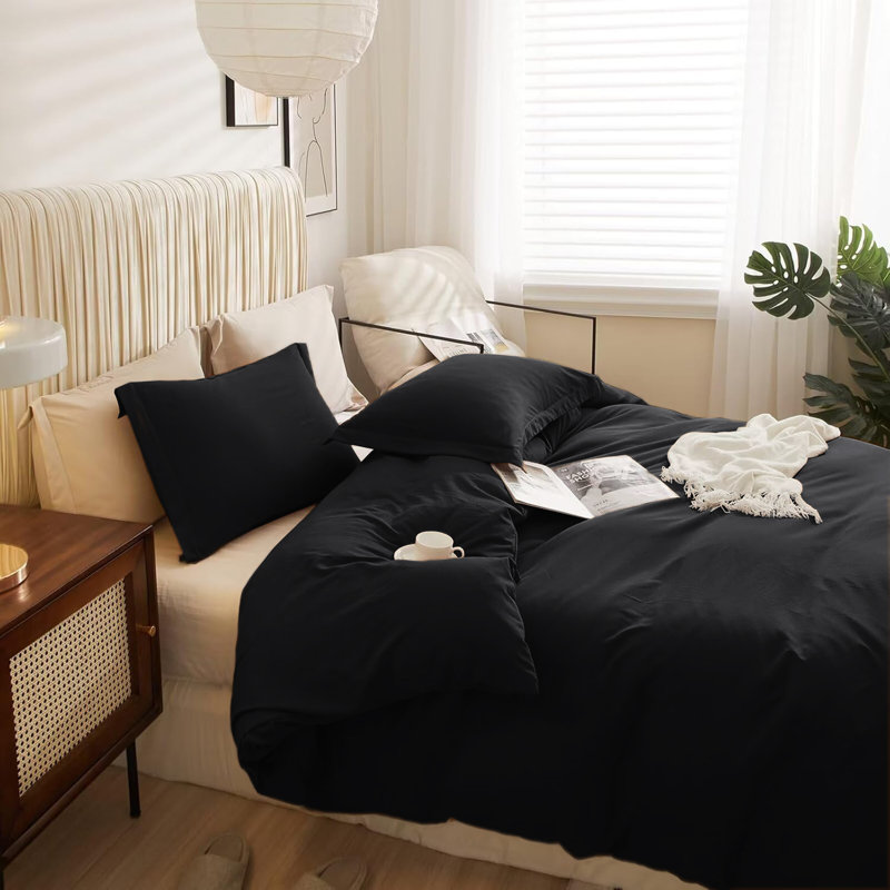 Ultra Soft 3-Piece Dyed Duvet Cover Set With Pillowcases, Single Duvet Cover + 2 Standard Pillowcases, Black