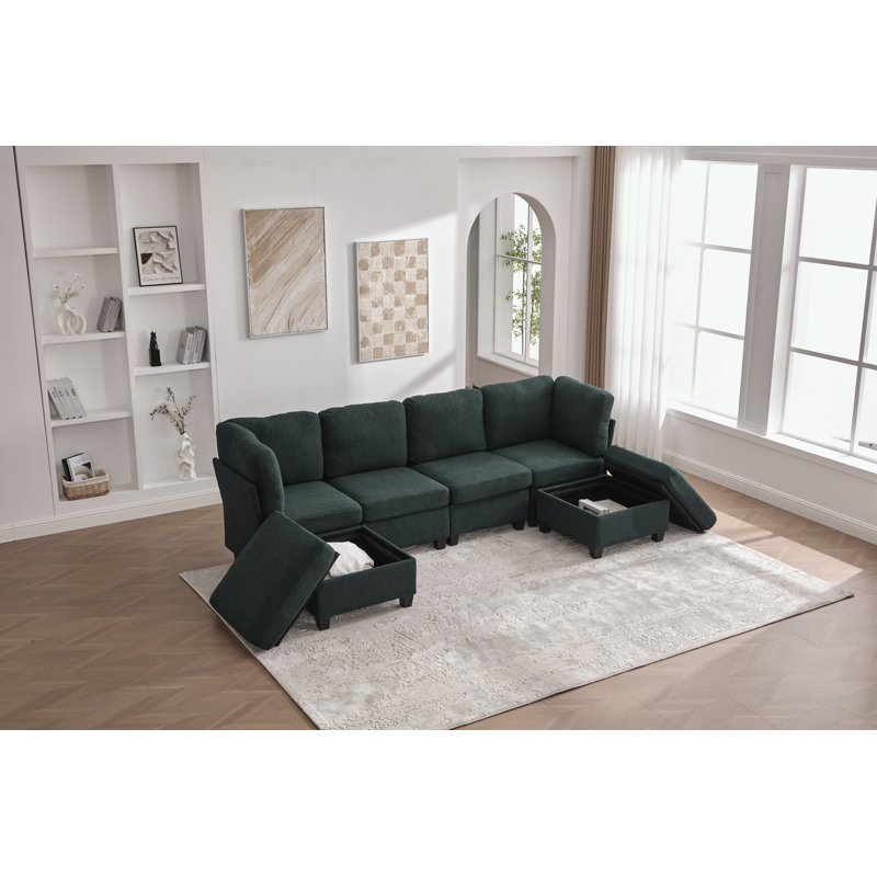 U Shape Sectional Sofa with Storage Ottoman, Emerald Polyester Blend